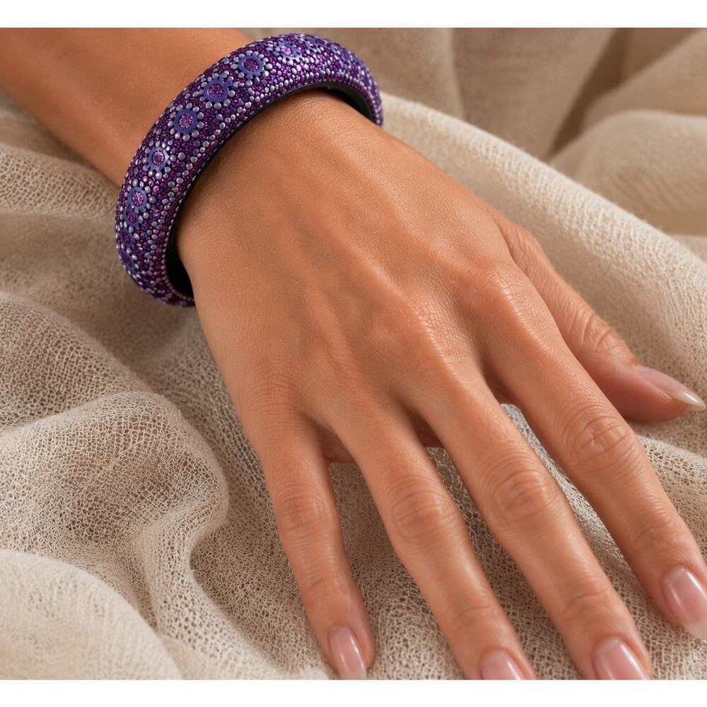 Purple Floral Glitter Bangle Bracelet Whimsigoth Boho Fairycore Statement Cuff